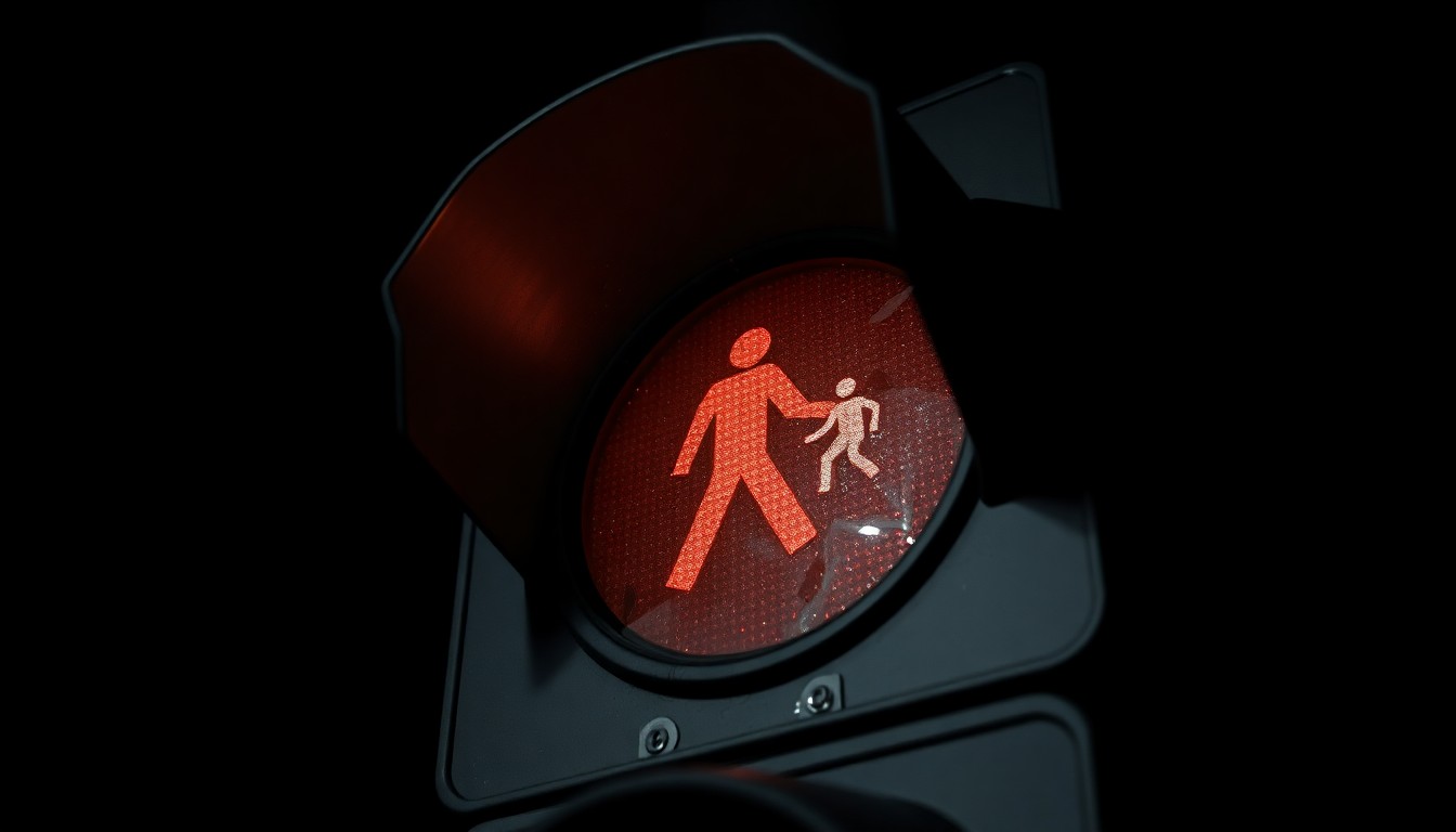 An extreme close-up photograph of a damaged traffic signal light or crosswalk sign, reflecting the harsh lighting and stark, gritty aesthetic of the aftermath of a pedestrian collision.