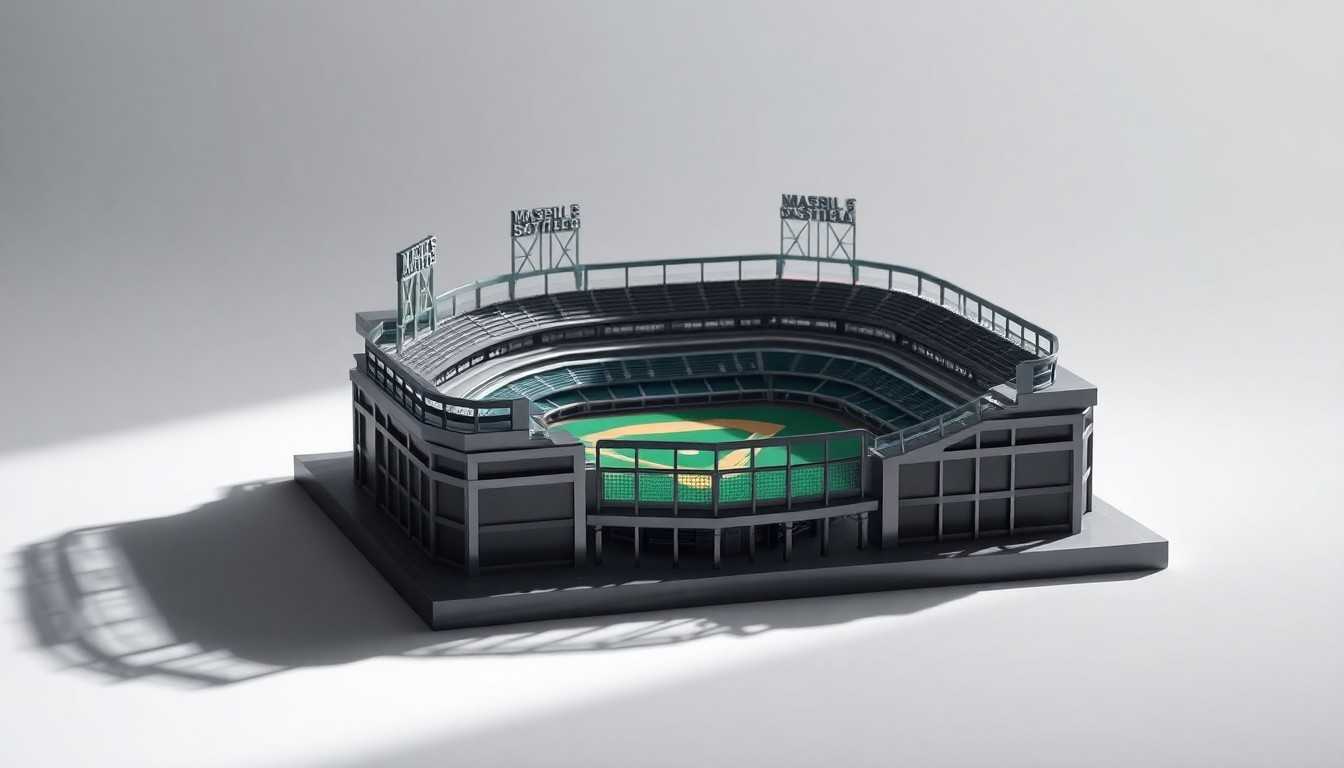 A highly reflective, minimalist metal and glass model of a baseball stadium floating on a plain white background, with dramatic shadows creating an abstract, symbolic representation of the complex negotiations behind sports team relocation.