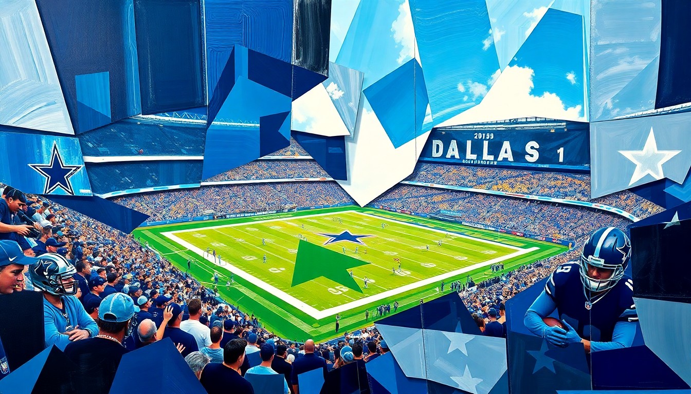 A cubist, geometric painting depicting a Dallas Cowboys football game, with sharp, overlapping planes of navy blue, silver, and white representing the team's colors and the fractured, multi-perspective nature of the sport.