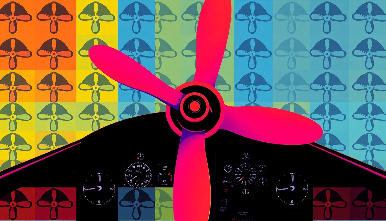 A high-contrast silkscreen print of an airplane propeller repeated in a grid pattern, rendered in vibrant neon colors and heavy black outlines, conceptually representing the disruption to students' aviation education.