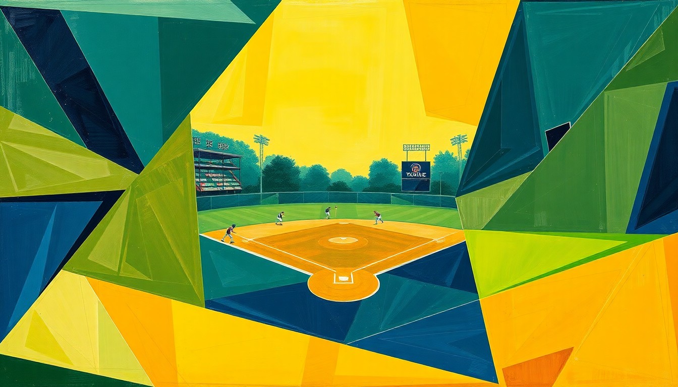 A fractured, geometric painting in shades of green, blue, and yellow, depicting the abstract movements and perspectives of a softball game in a cubist style.