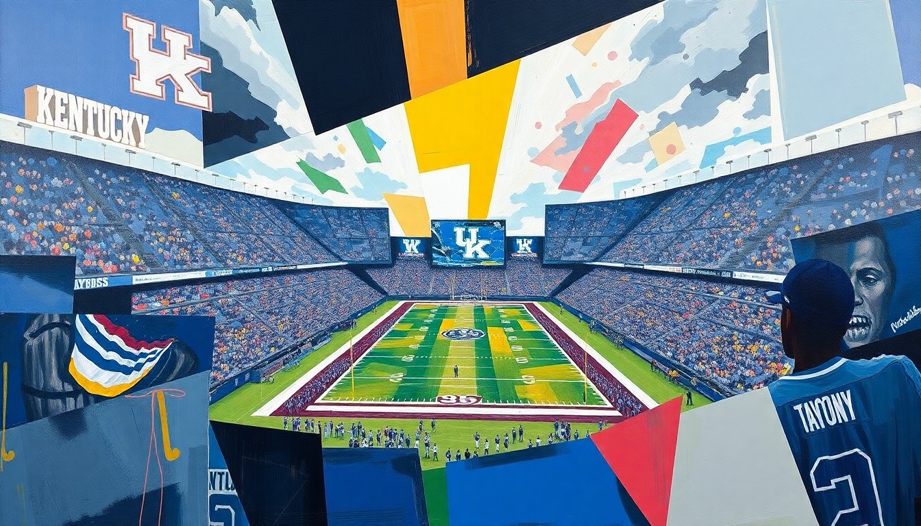 A cubist-style painting depicting a Kentucky football game, with the field and players broken down into sharp, overlapping geometric shapes and planes in vibrant colors.