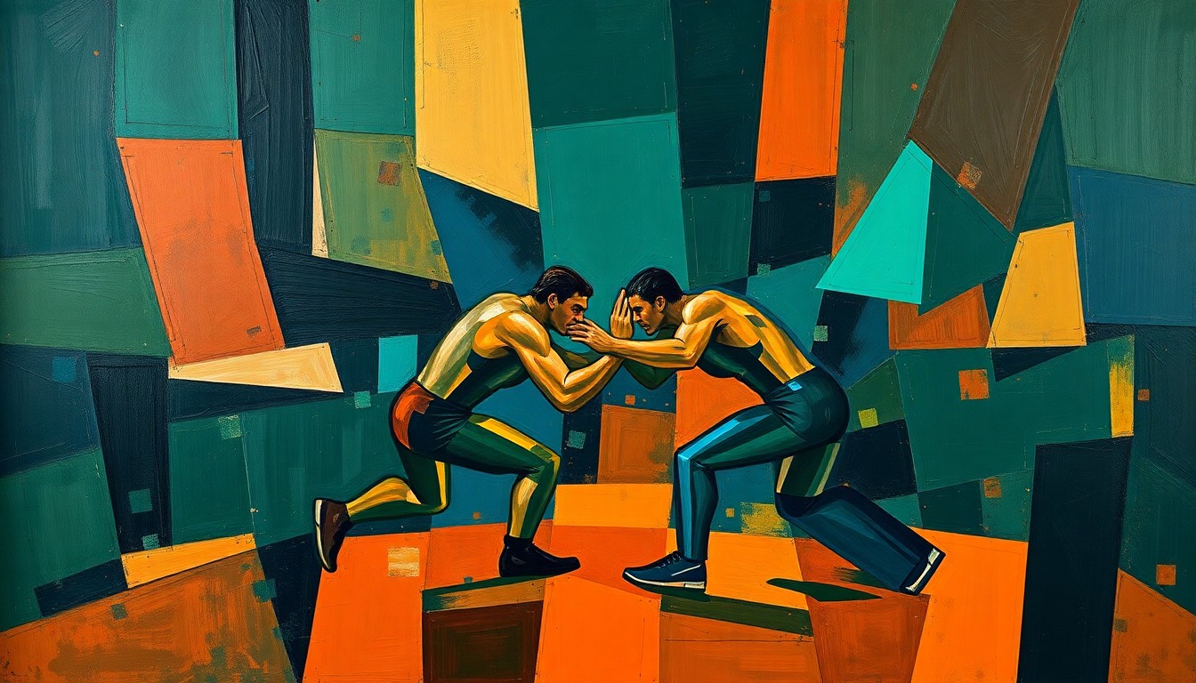 A fractured, multi-perspective painting in the style of Pablo Picasso, breaking down a wrestling match into sharp, overlapping geometric planes in deep forest green, navy blue, and burnt orange, conveying the raw power and intensity of the sport.
