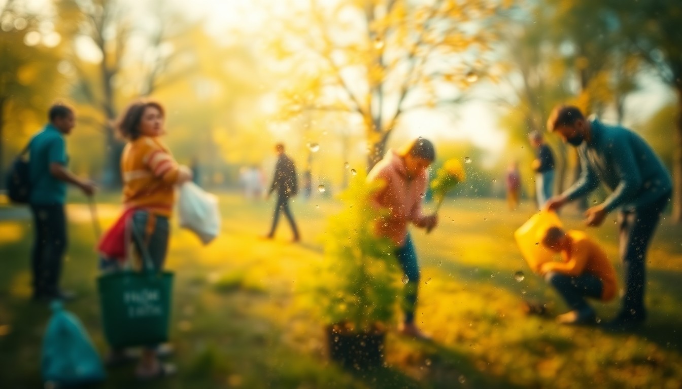 An abstract, impressionistic scene of blurred figures engaged in outdoor activities like picking up trash and planting trees, conveying the celebratory and community-driven nature of Olean's Earth Day events.