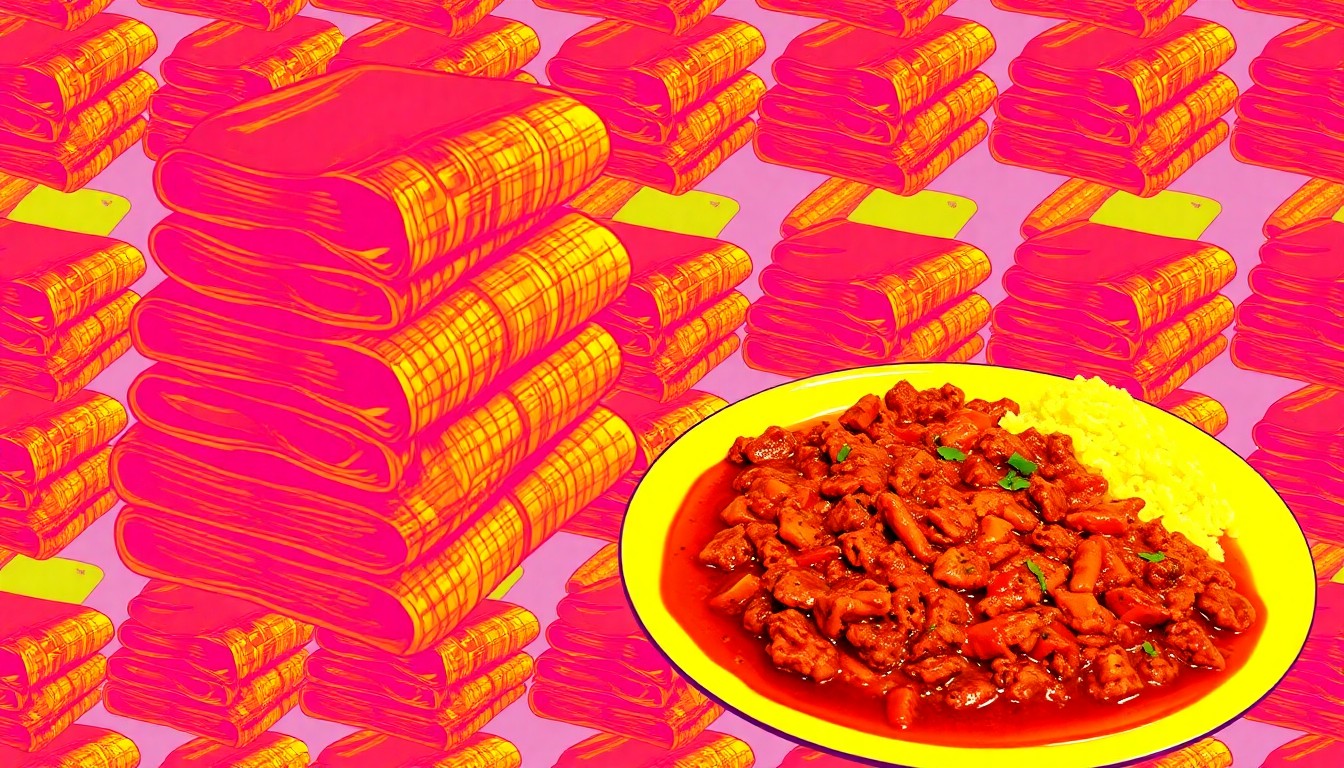 A brightly colored, abstract grid of traditional Tex-Mex dishes like tamales and carne guisada, rendered in a bold, pop art style.