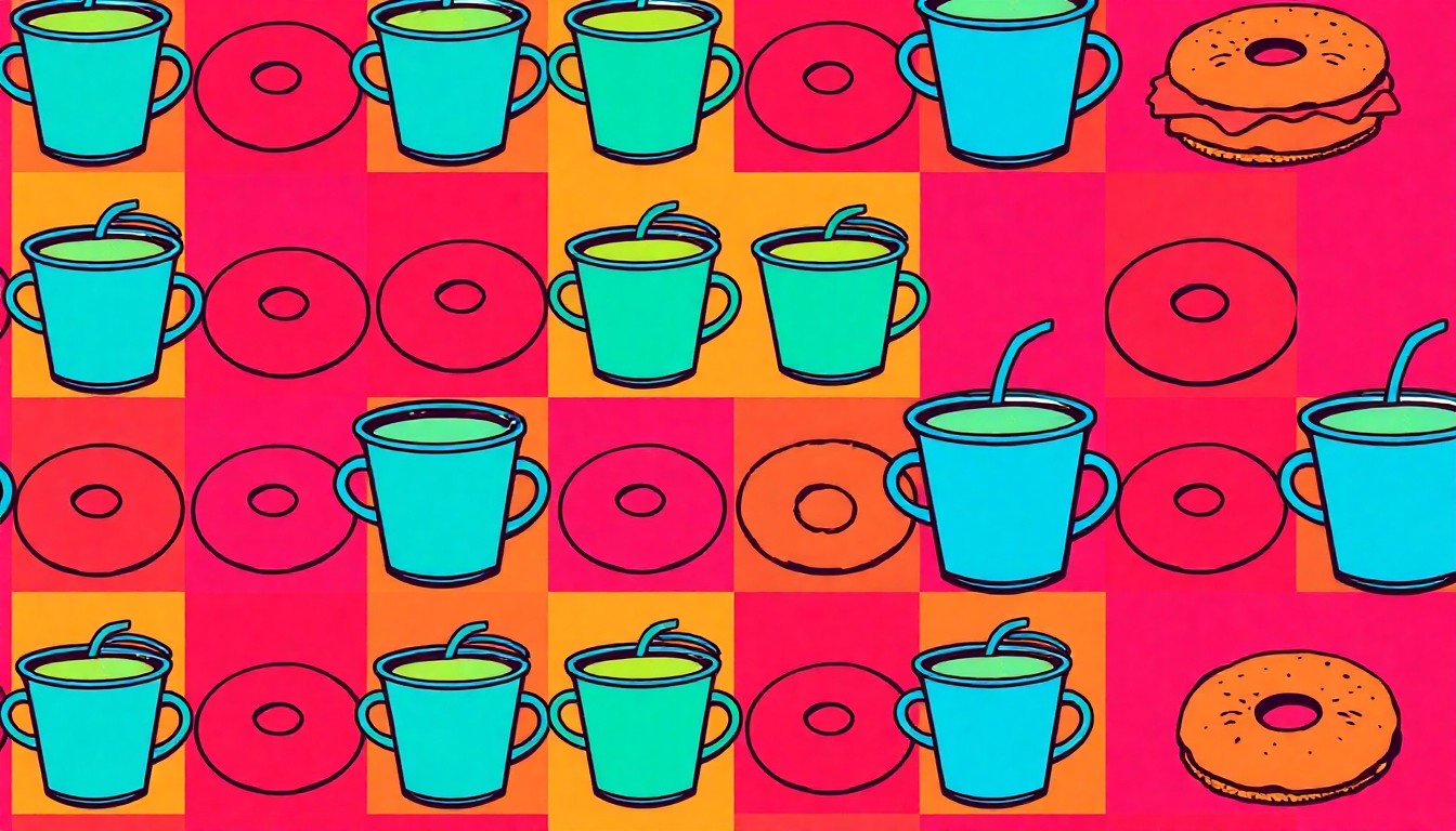 A high-contrast, silkscreen-style illustration featuring a repeated pattern of a single brunch item, such as a coffee cup or breakfast sandwich, in a grid of bright, neon-like colors without any text or labels, conceptually representing the creative energy and diverse flavors of New York City's dynamic brunch scene.