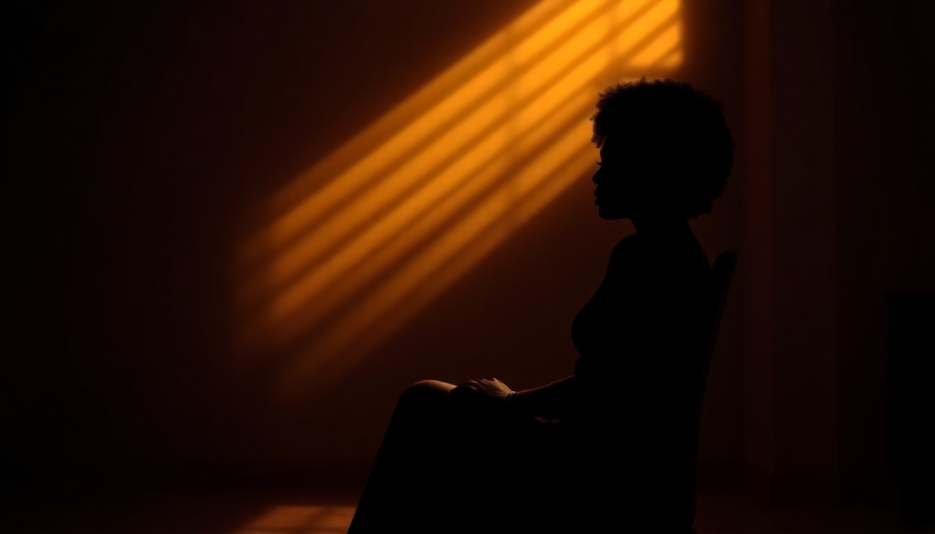 A somber, cinematic painting of a Black woman sitting alone in a dimly lit room, the warm light and deep shadows conveying a sense of isolation and uncertainty.