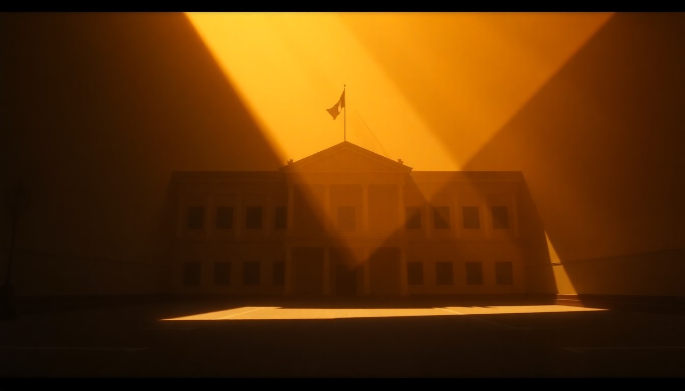 A serene, cinematic painting depicting a Cambodian government building or political office space, bathed in warm, diagonal sunlight and deep shadows, conveying a mood of quiet contemplation and resilience.