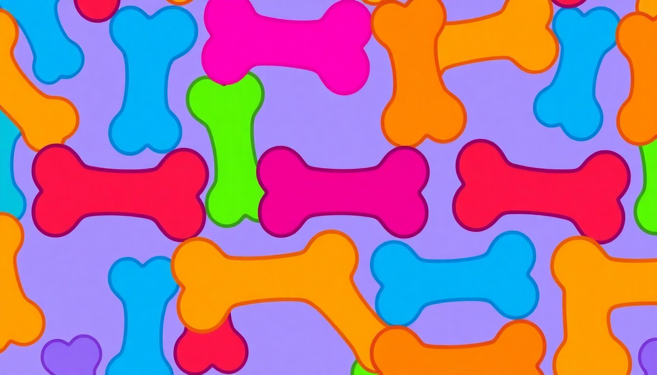 A highly stylized, abstract grid of a single dog toy or chew bone rendered in bold, neon-bright colors and heavy black outlines, conceptually representing the focus on positive reinforcement in pet training.