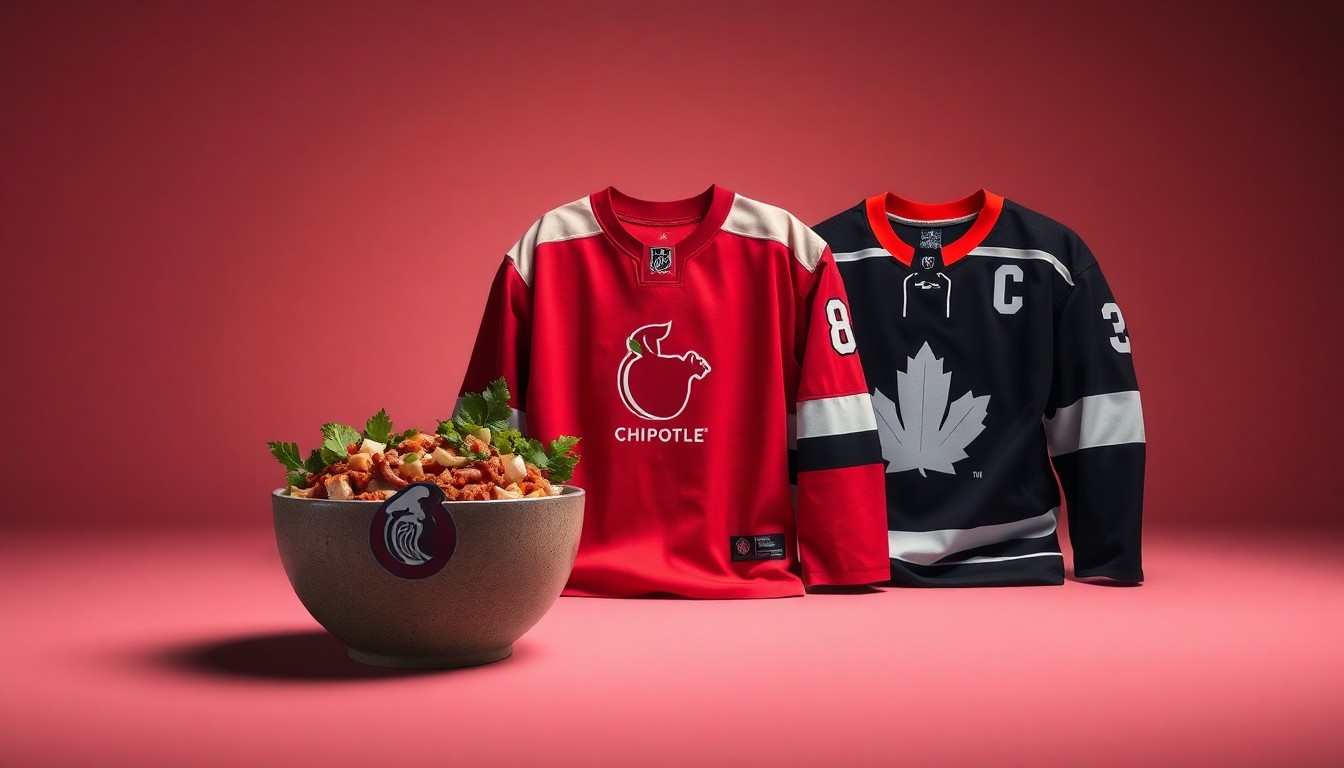 A photorealistic studio still life featuring a Chipotle burrito bowl, a hockey jersey, and a limited-edition Chipotle hockey jersey, all arranged elegantly on a clean, monochromatic background with dramatic lighting, conceptually representing the intersection of fast-casual dining and hockey culture.