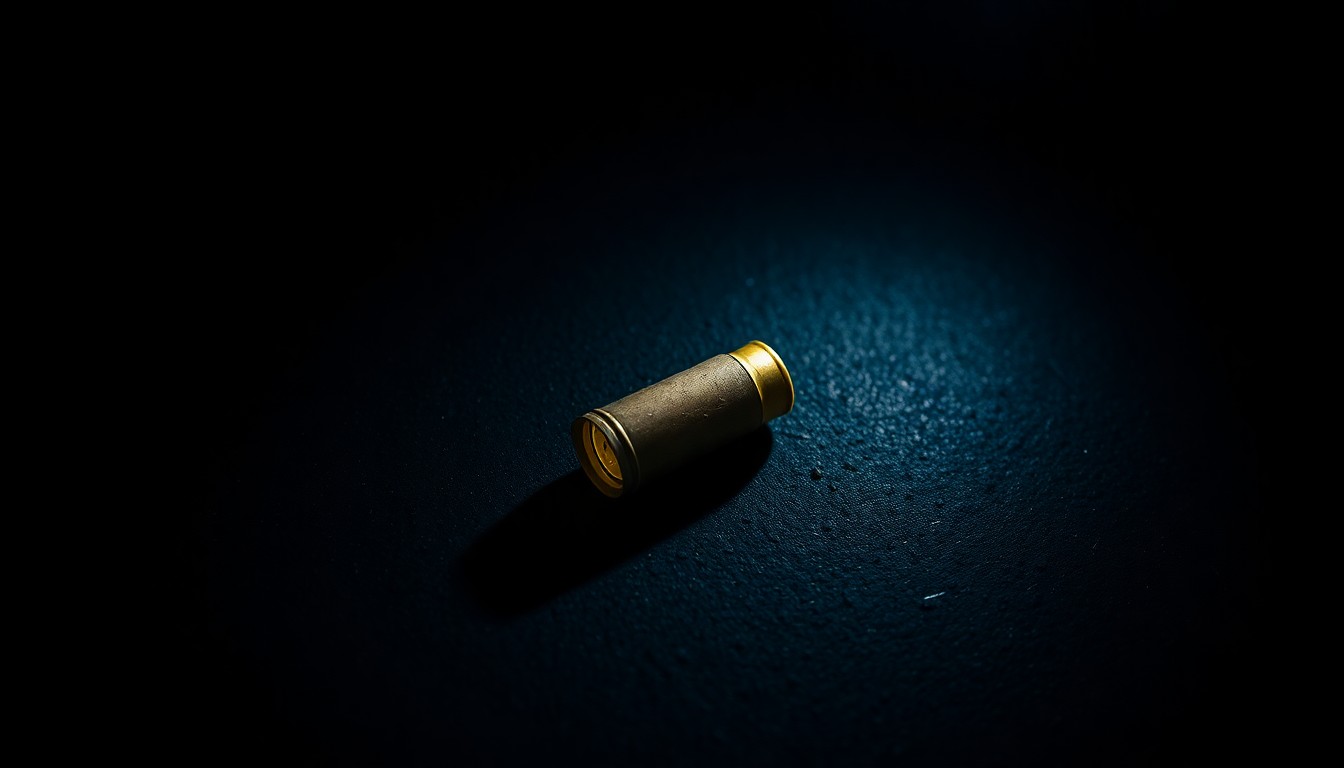 An extreme close-up photograph of a single spent shell casing on a dark, textured surface, lit by a harsh, direct camera flash, creating a stark, gritty, investigative aesthetic.