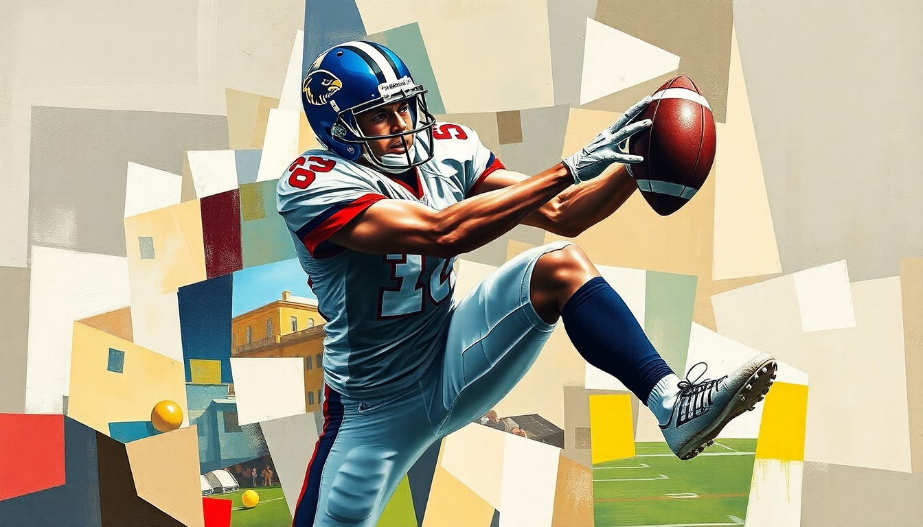 A fragmented, geometric painting depicting a football player in mid-air catch, with their body and the ball broken down into sharp, overlapping planes of color and form, conveying the dynamic motion and potential risk of an injury-prone prospect.