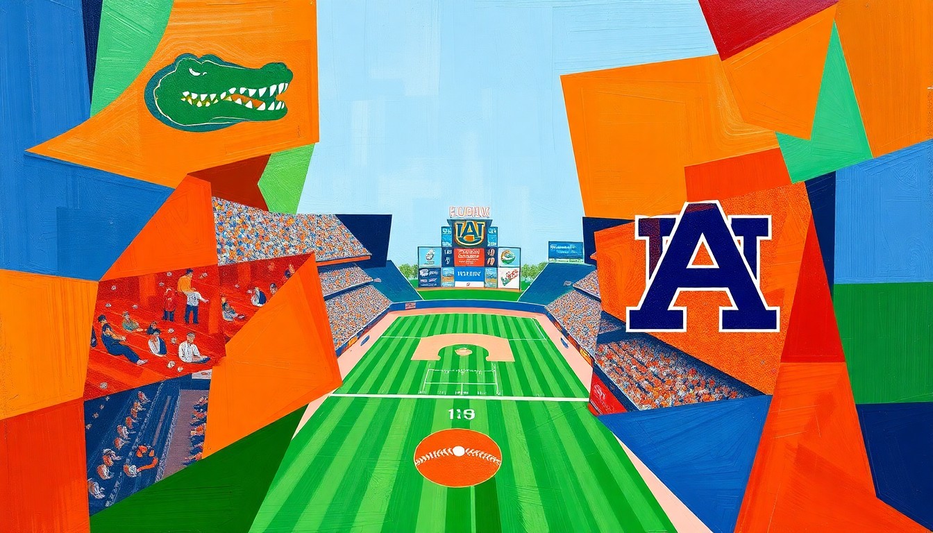 A cubist, geometric painting depicting a baseball game in motion, with overlapping shapes and planes of bright orange, blue, and green representing the dynamic action on the field.