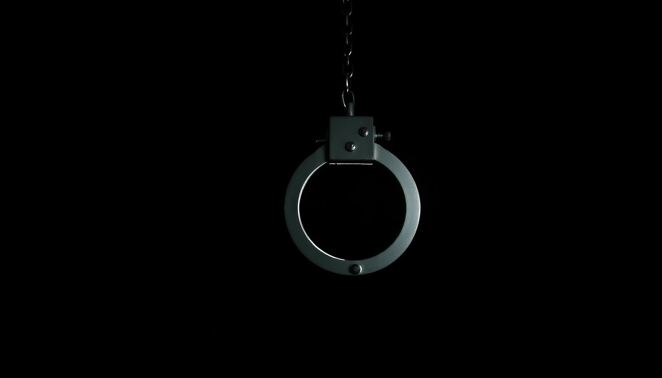 An extreme close-up of a single handcuff against a pitch-black background, lit by a harsh, direct camera flash, conceptually representing the arrest and prosecution of an individual charged with child pornography offenses.