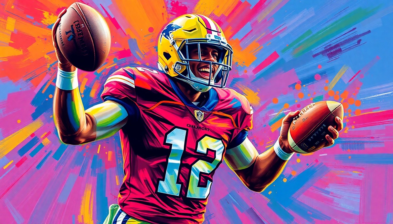 An abstract, expressionist painting in vibrant neon colors depicting the blurred, energetic motion of a college football player celebrating an incomplete pass.