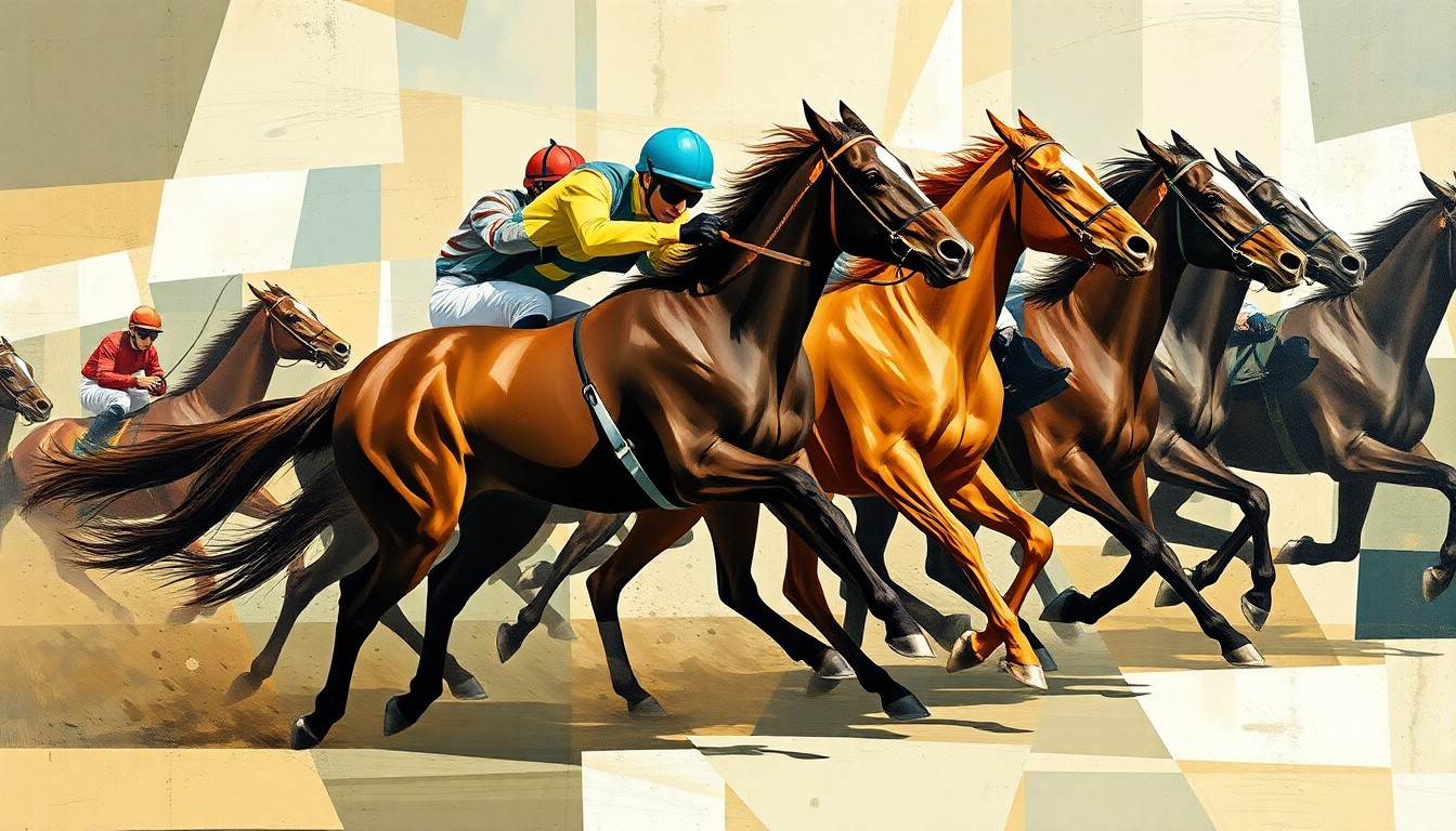 A fragmented, geometric painting in bold colors depicting the overlapping movements and perspectives of a horse race, conveying the raw power and excitement of the event.