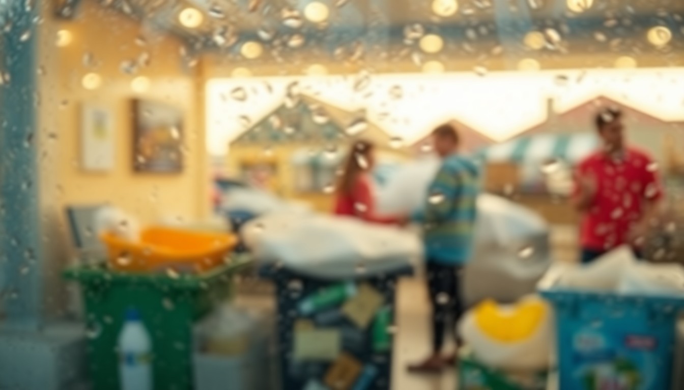 An abstract, impressionistic photograph featuring blurred, overlapping shapes and pools of warm color, conceptually representing the local community's recycling and waste management efforts.