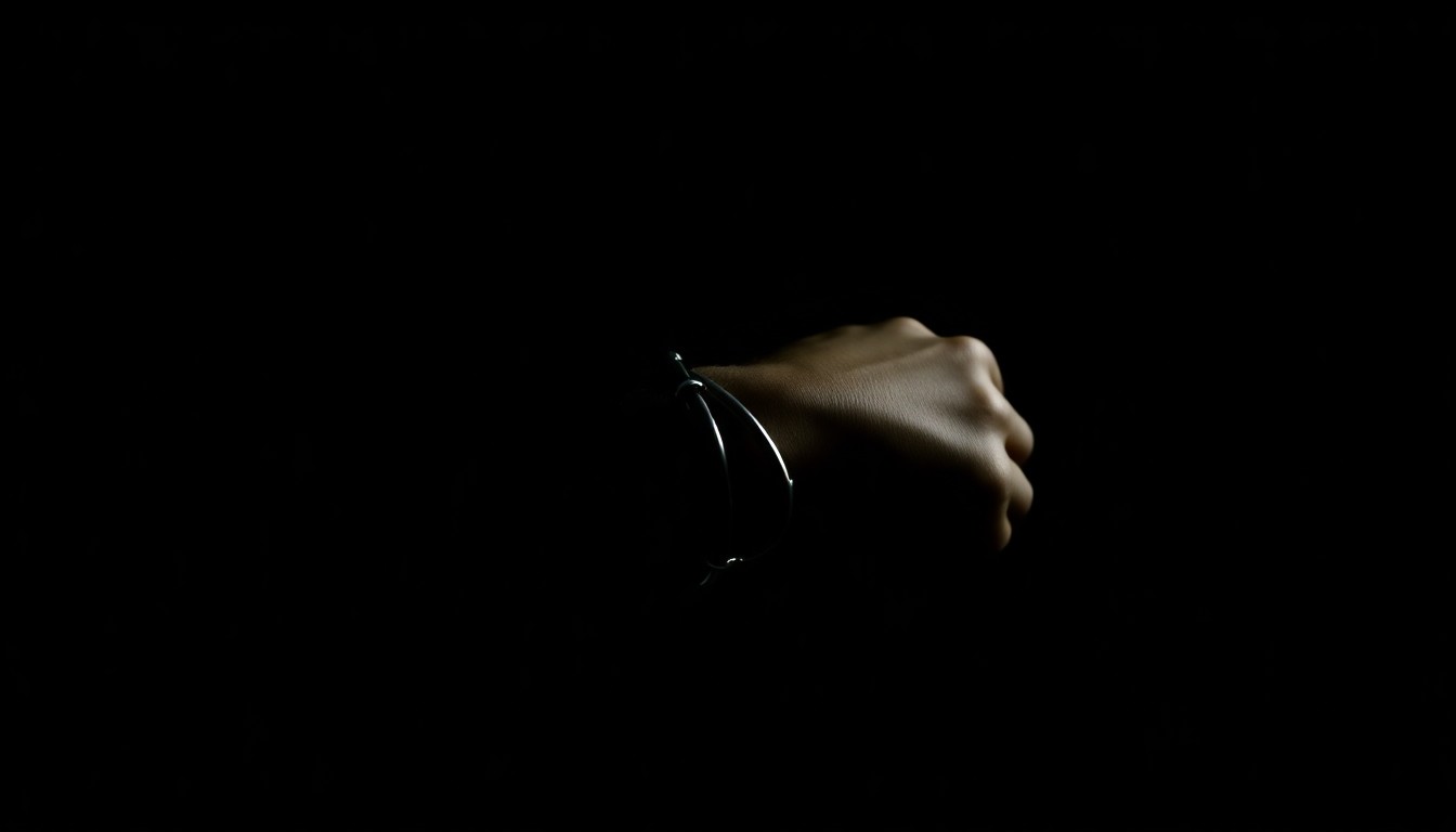 An extreme close-up photograph of a handcuffed wrist against a pitch-black background, the harsh lighting creating dramatic shadows and textures to conceptually represent the serious legal consequences of sex offender registry violations.