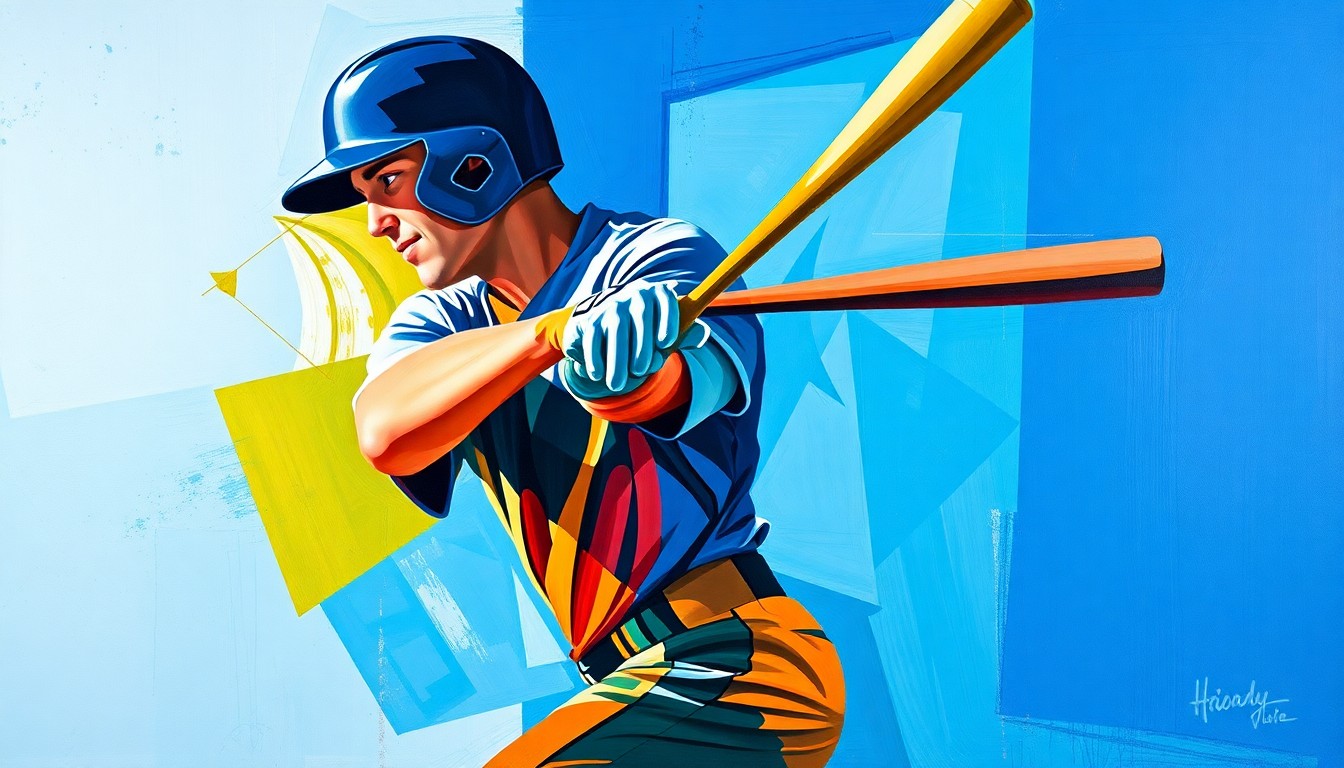 A fractured, multi-perspective painting depicting Nico Hoerner's batting stance and swing broken down into sharp, overlapping geometric planes in a vibrant Cubist color palette, conceptually representing the Cubs infielder's dominant offensive performance.