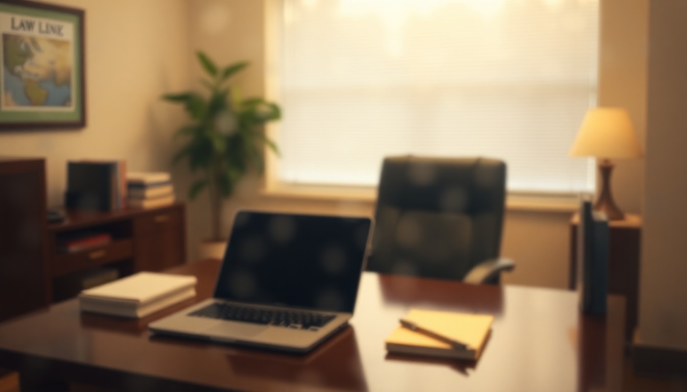 An abstract, out-of-focus scene depicting a blurred legal office setting with a desk, laptop, and law books, conveying a sense of professionalism and focus in the legal field.