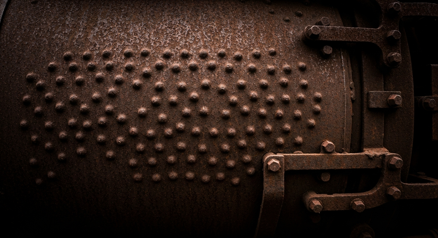 An extreme close-up of the textured, weathered metal surface of a vintage steam locomotive boiler, conveying the age and history of this rare piece of industrial machinery.