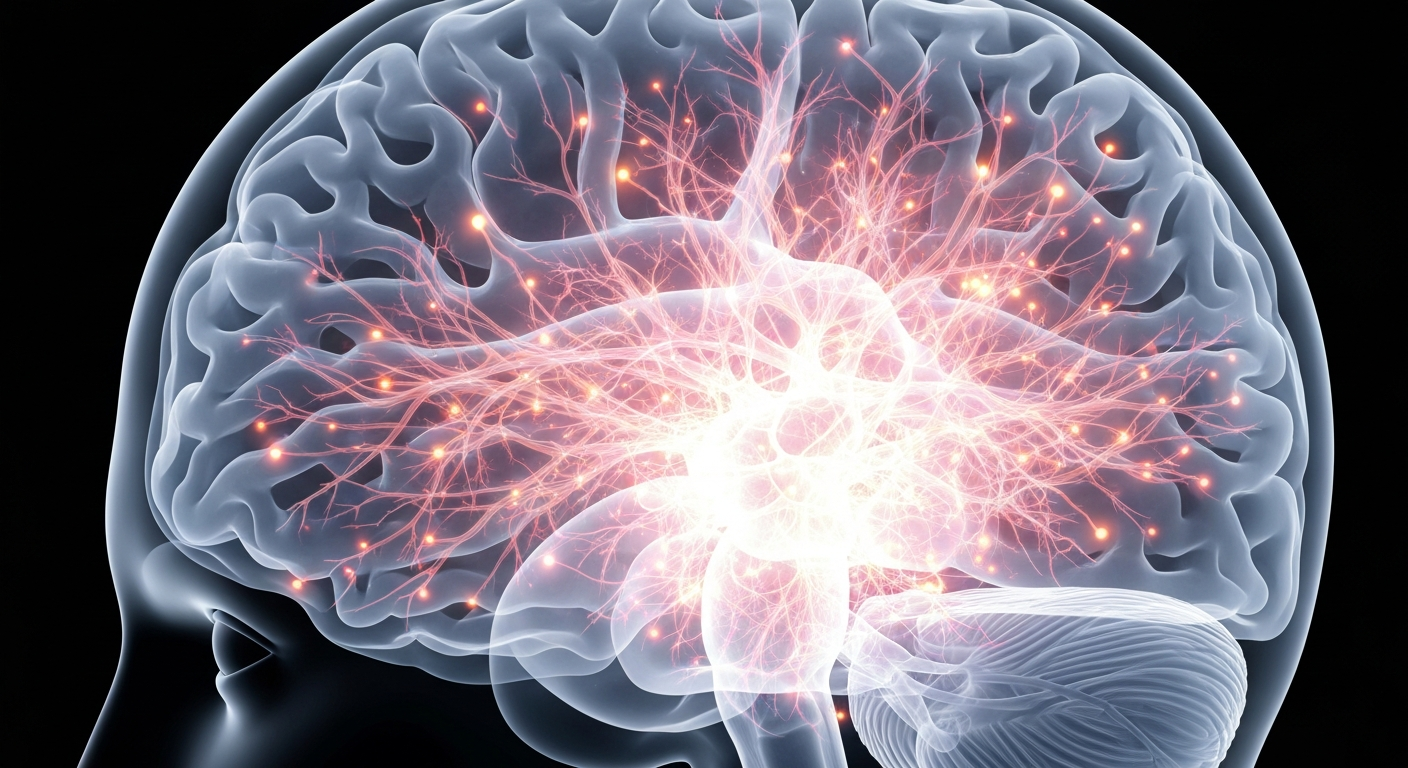 A ghostly, translucent X-ray image of a human brain, with glowing neural pathways and synapses illuminated against a dark background, conceptually representing the potential for psychedelics to treat mental health conditions.
