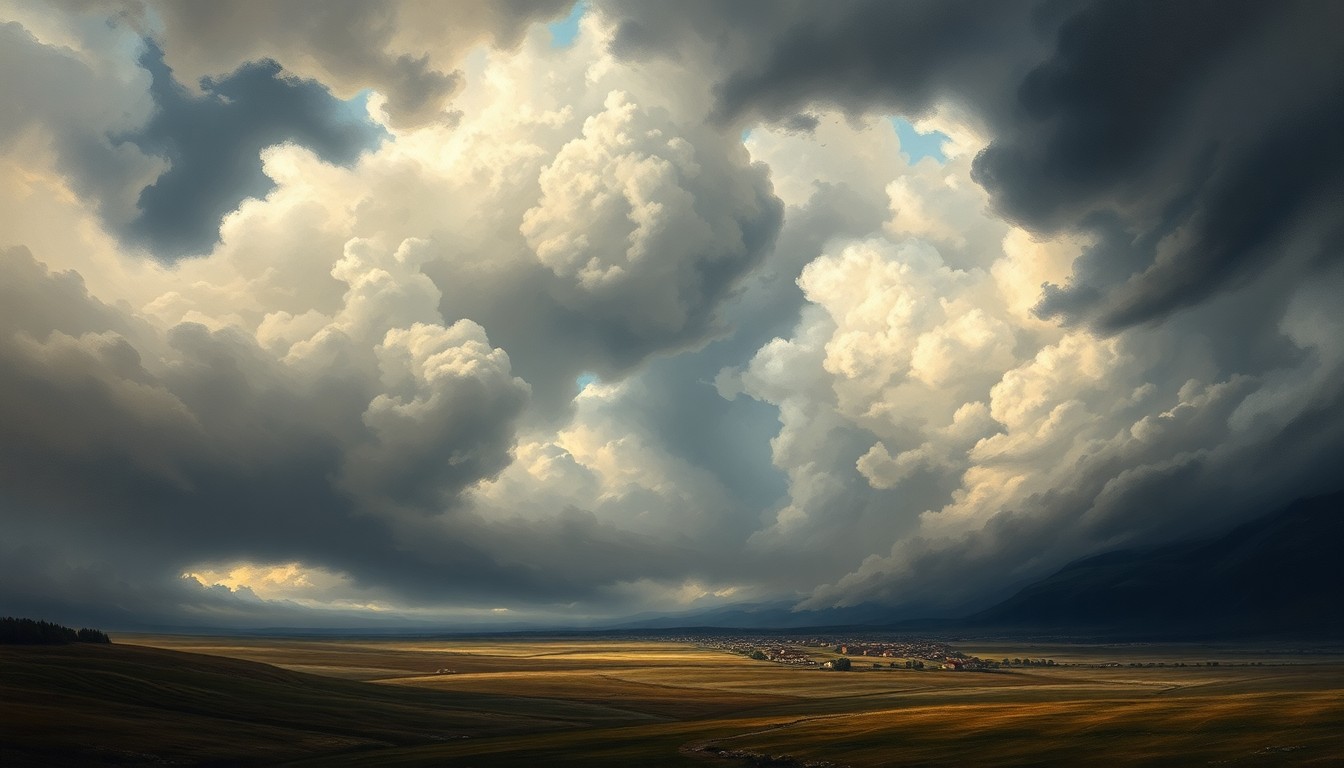 A vast, sweeping landscape painting in muted tones of gray, blue, and green, with a dramatic, stormy sky dominating the scene. The composition uses deep perspective and atmospheric lighting to convey the overwhelming scale and power of severe weather, with only a small, obscured town or farmhouse visible in the distance, dwarfed by the natural forces.