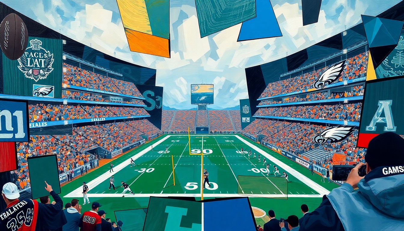 A cubist-style painting depicting a football game between the New York Giants and Philadelphia Eagles, with the players and field broken down into sharp, overlapping geometric shapes and planes, capturing the intensity and energy of the rivalry.