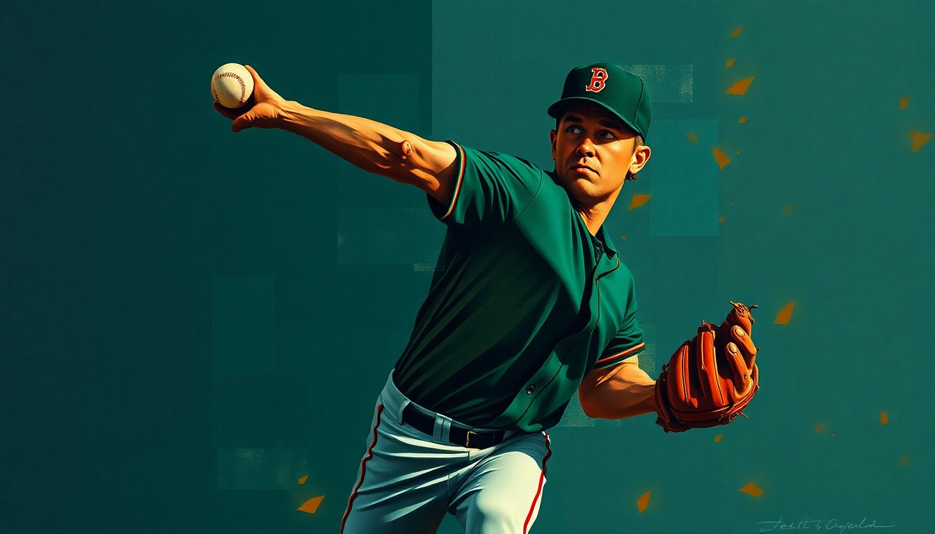 A fractured, geometric painting depicting the overlapping planes and angles of a baseball pitcher's throwing motion, rendered in a cubist style with muted navy, green, and orange tones.