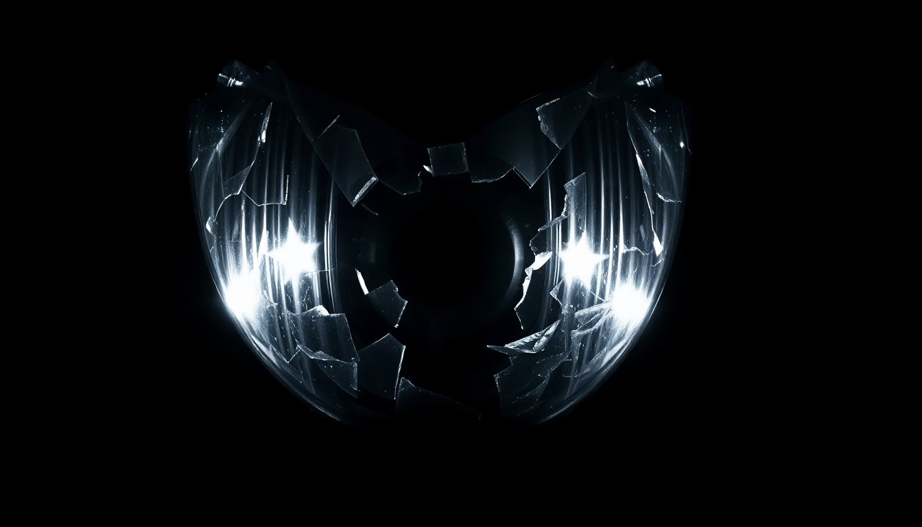 An extreme close-up photograph of a shattered motorcycle headlight lens against a pitch-black background, conceptually representing the gritty investigation into a deadly wrong-way crash.