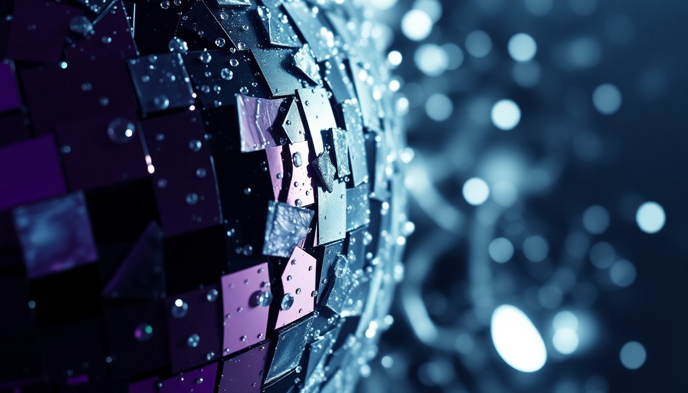 An extreme close-up photograph of shattered, glittering disco glass in high-contrast black, silver, and purple tones, conveying the glamorous, high-fashion aesthetic of classic Hollywood cinema.