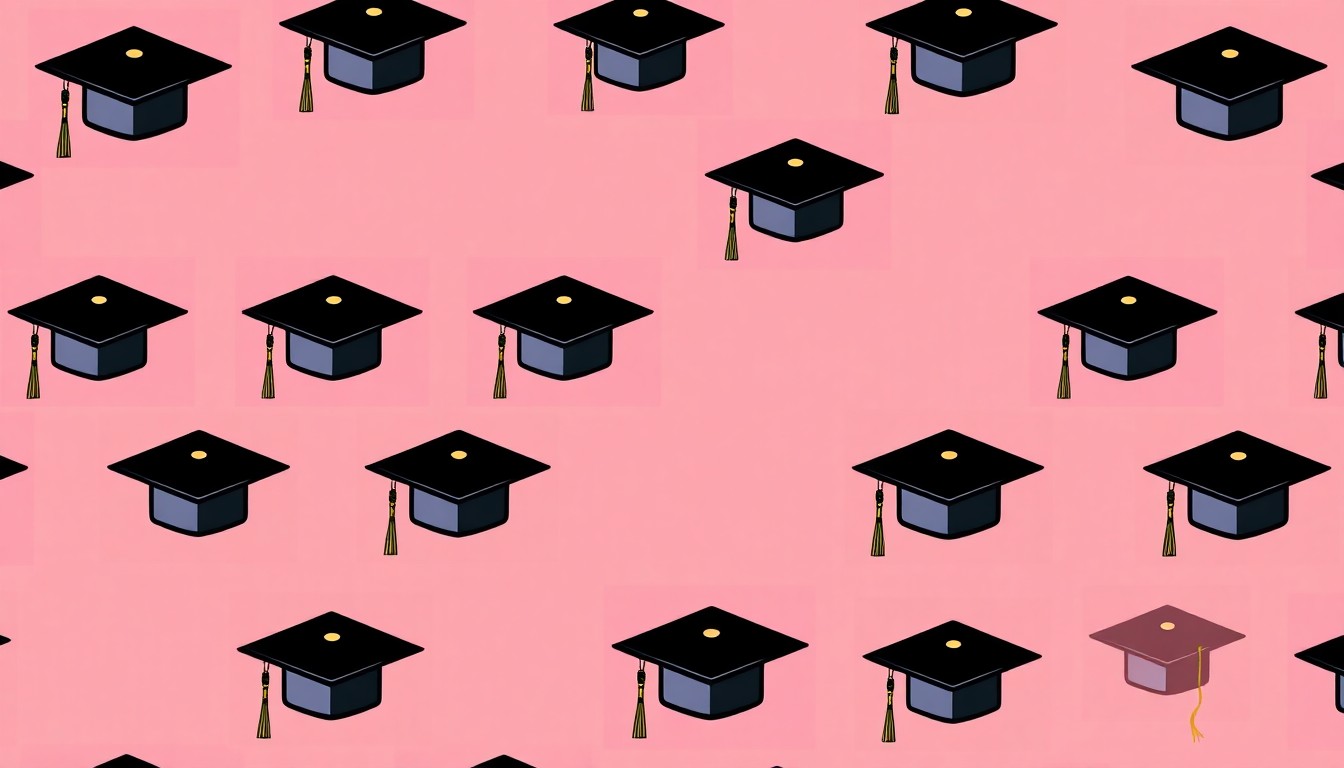 A brightly colored, high-contrast silkscreen print of a graduation cap icon repeated in a tight grid pattern, utilizing flat, vibrant neon color palettes overlapping with heavy black photographic outlines to turn the symbol of academic achievement into modern pop art.