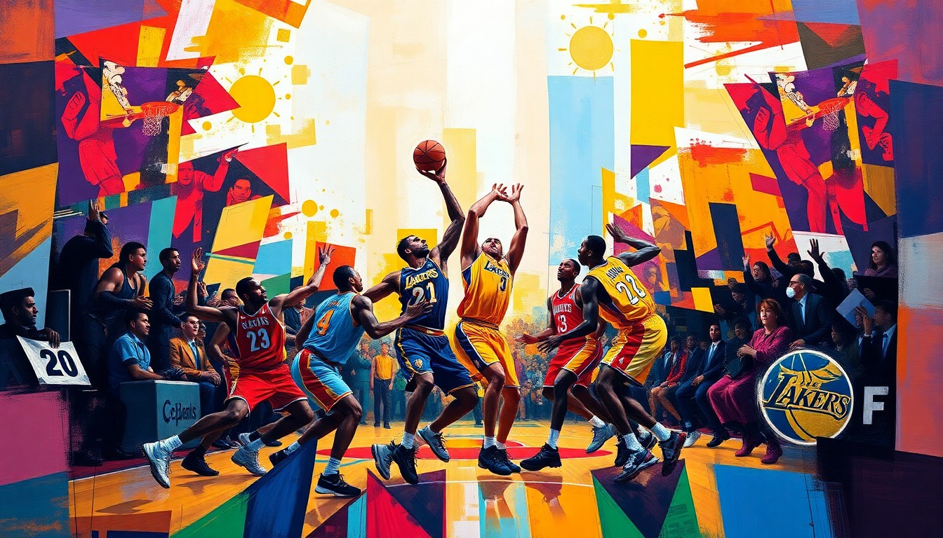 A fractured, multi-perspective painting in vibrant colors depicting the intense basketball action between the Lakers and Pelicans, with the players and court broken down into sharp, overlapping geometric shapes.