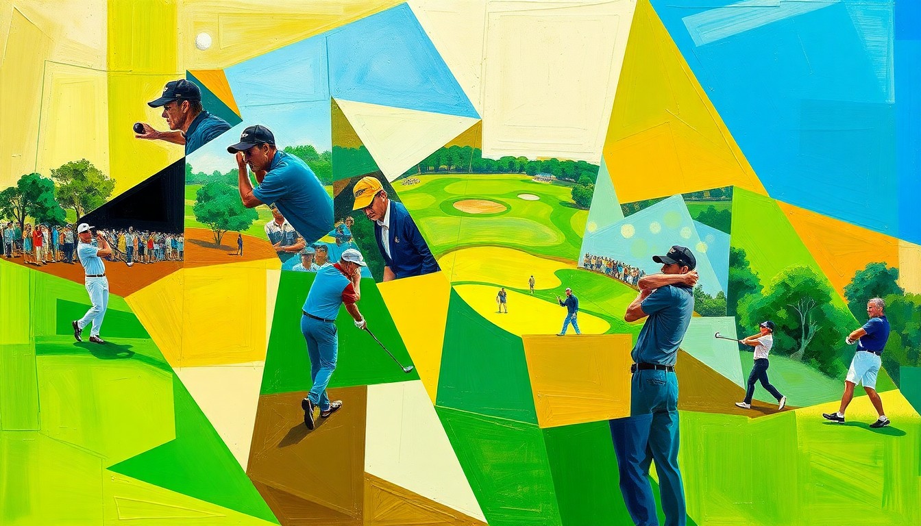 A cubist, geometric painting depicting a fragmented golf tournament scene, with the players' forms abstracted into sharp, overlapping shapes in a vibrant color palette of greens, browns, and blues.