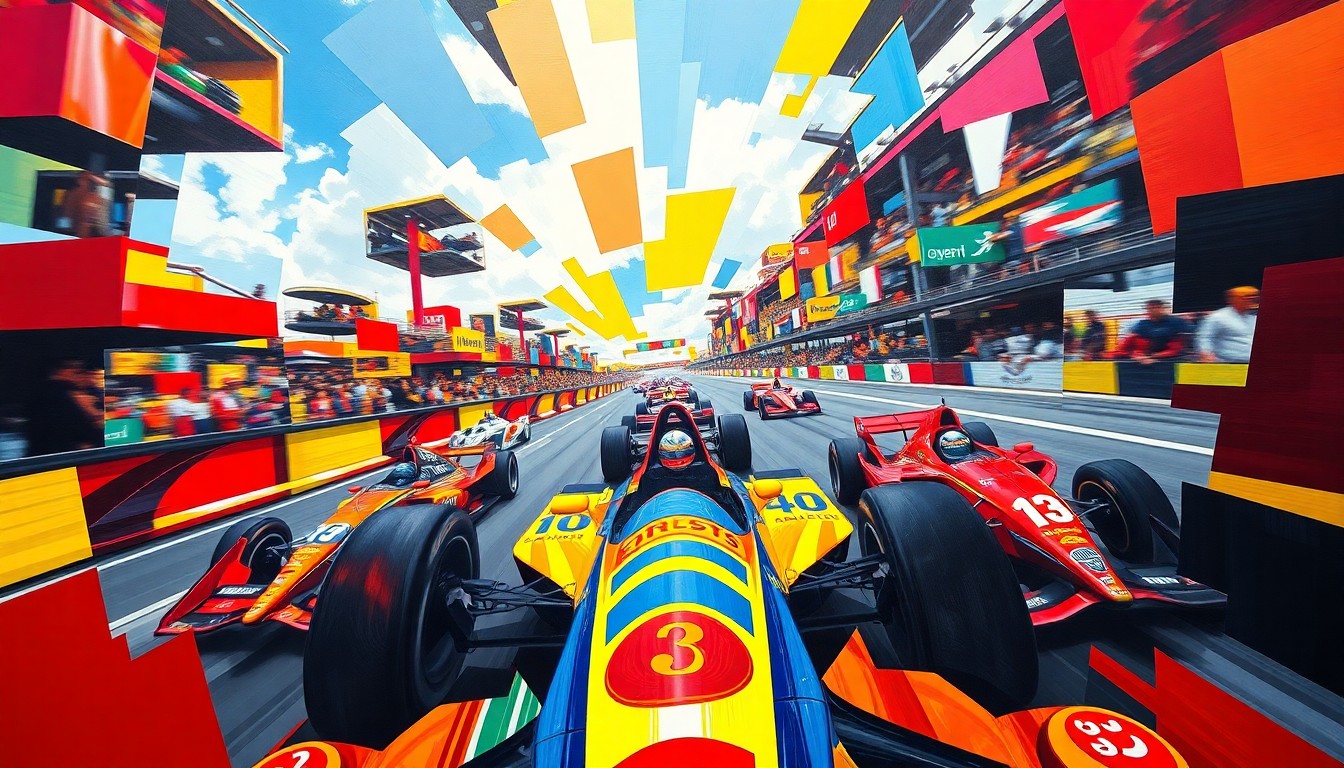 A cubist, geometric painting in vibrant colors representing the speed and energy of an IndyCar race, with overlapping planes and shapes that deconstruct the action on the track.