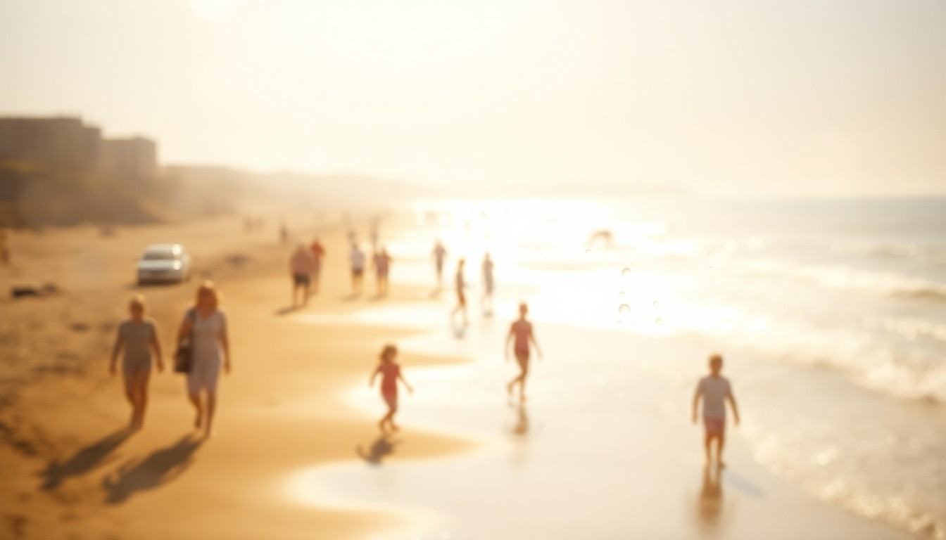 An extremely blurred, impressionistic photograph of a sun-dappled beach scene with people walking, children playing, and waves lapping the shore, all captured in a hazy, dreamlike wash of warm, golden light.