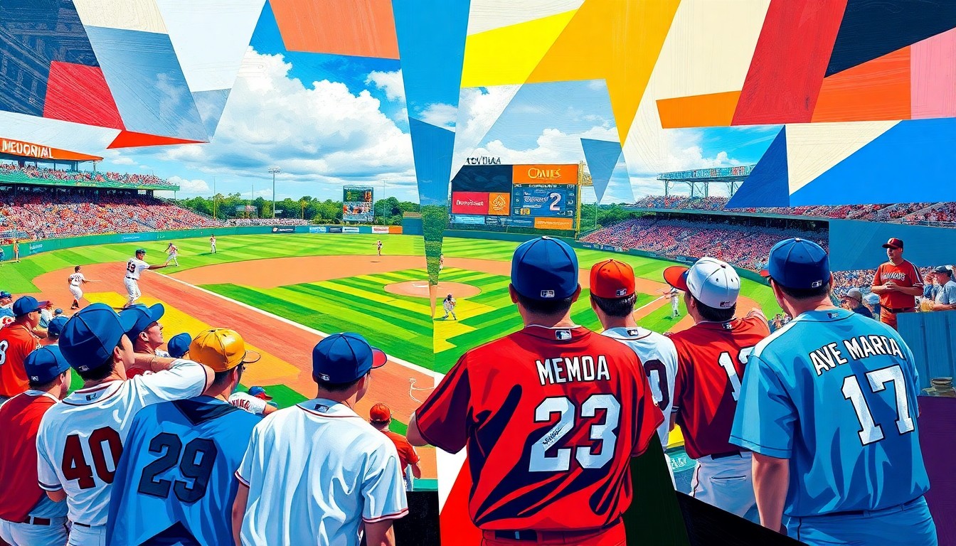 A fragmented, geometric painting depicting a baseball game, with the players and field broken down into sharp, overlapping planes of bright team colors.