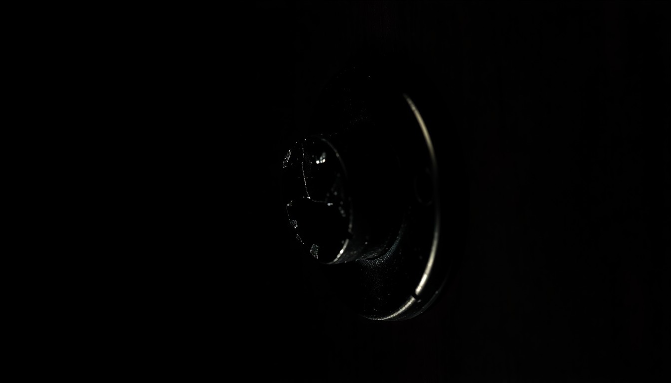 An extreme close-up photograph of a broken lock, with harsh shadows and dramatic lighting, conveying a sense of intrusion and violation.