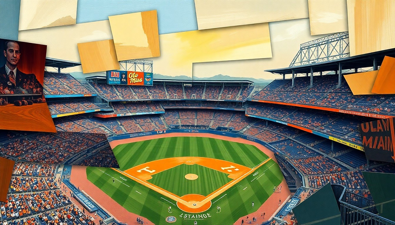 A cubist-style painting depicting a baseball game, with the players and field broken down into sharp, overlapping geometric shapes in a variety of bright colors, capturing the energy and movement of the sport.