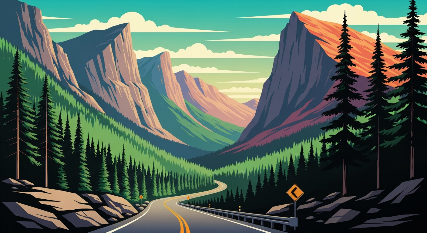 A highly stylized, geometric illustration depicting the grand scale of the Adirondack High Peaks, with a winding road leading to a trailhead entrance framed by towering, sweeping forms of mountains and forests.