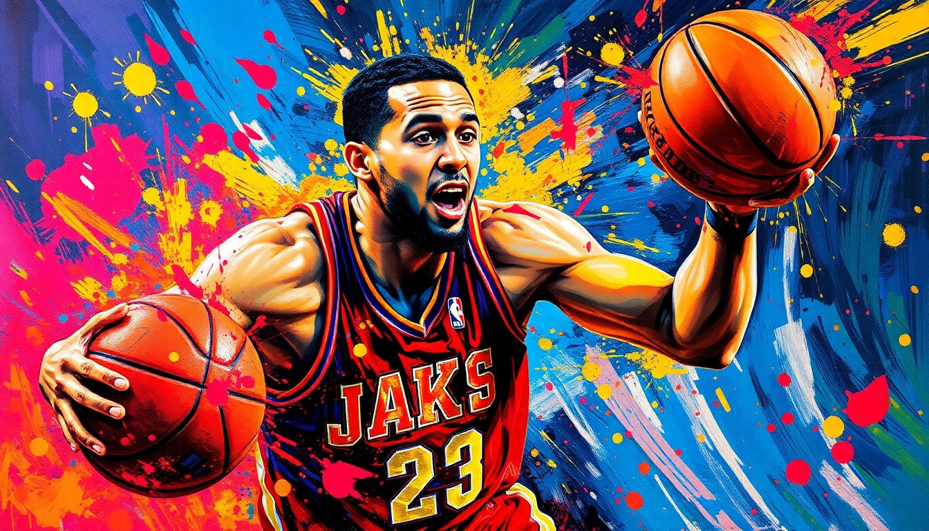 An abstract, neon-colored painting depicting the dynamic movements and energy of a basketball player, with vibrant brushstrokes and a sense of raw athleticism.