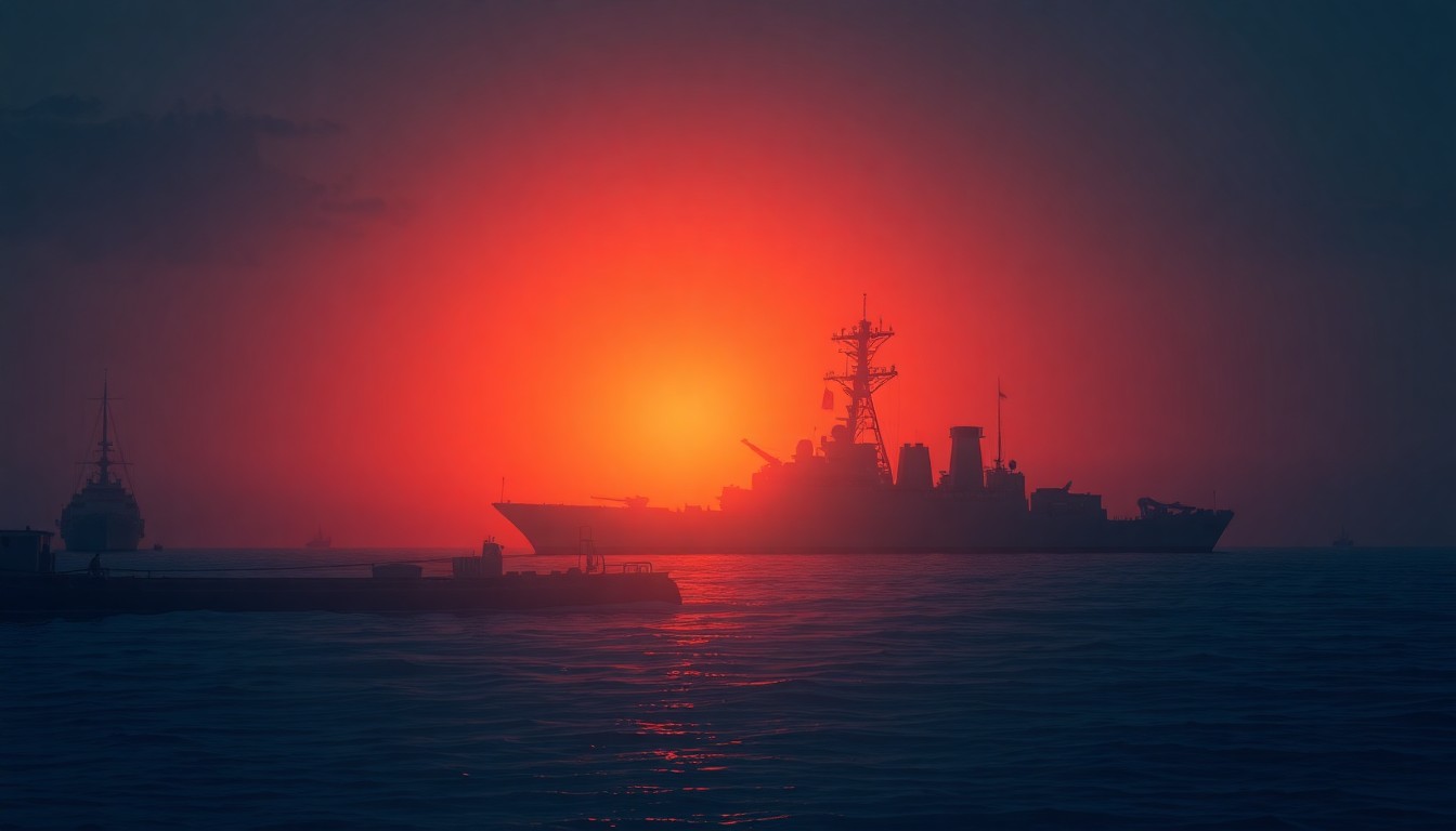 A serene, cinematic painting of a naval frigate docked in a harbor, with the ship's hull reflecting the warm glow of the setting sun, conveying a contemplative mood about the weight of geopolitical decisions.