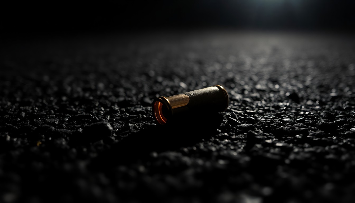 An extreme close-up photograph of a single spent shell casing on a dark asphalt surface, lit by a harsh, direct camera flash, creating a stark, gritty, investigative aesthetic.