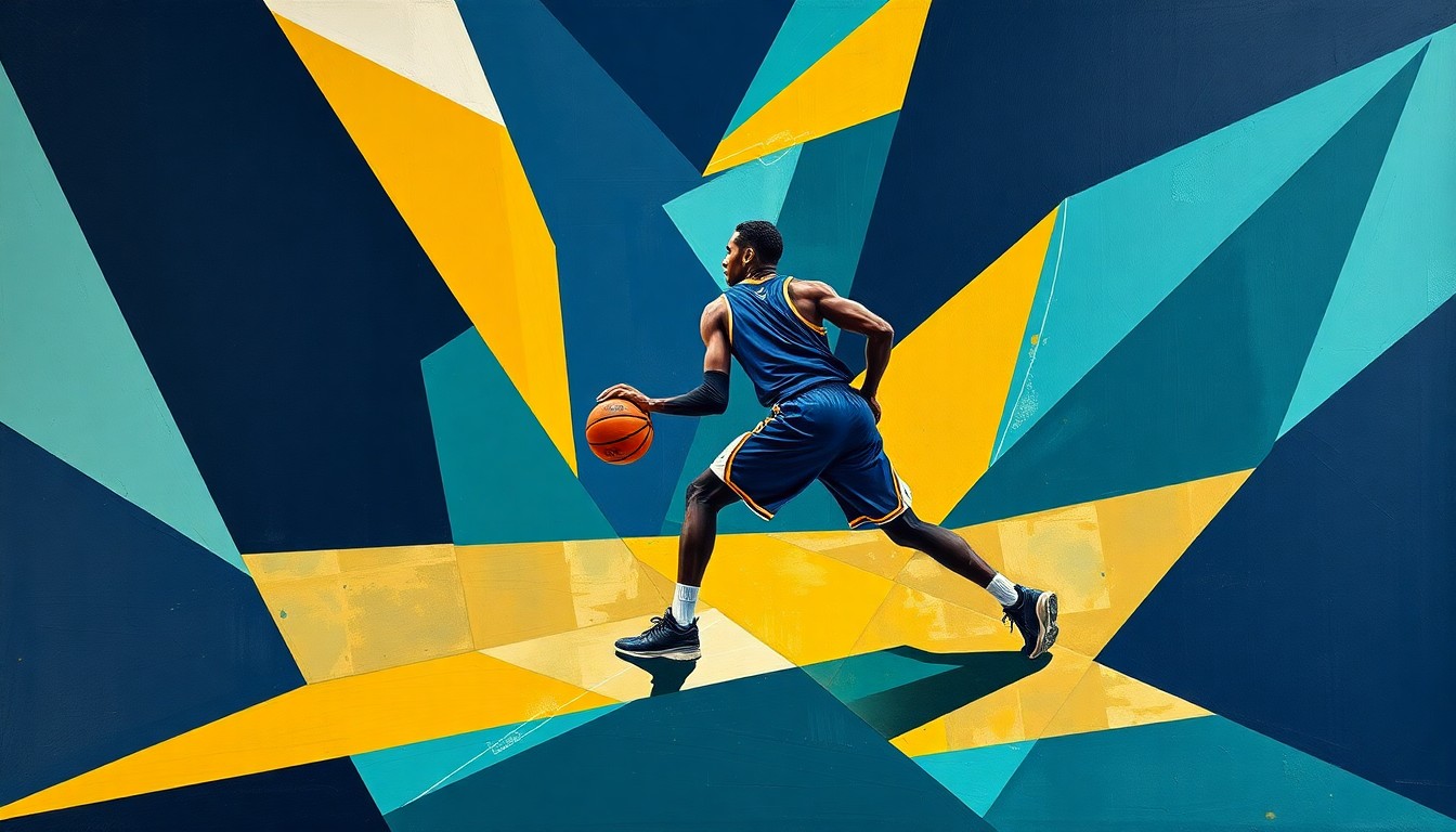 A cubist, geometric painting depicting the overlapping movements and positioning of a basketball player in a defensive stance, rendered in shades of navy, teal, and mustard yellow.