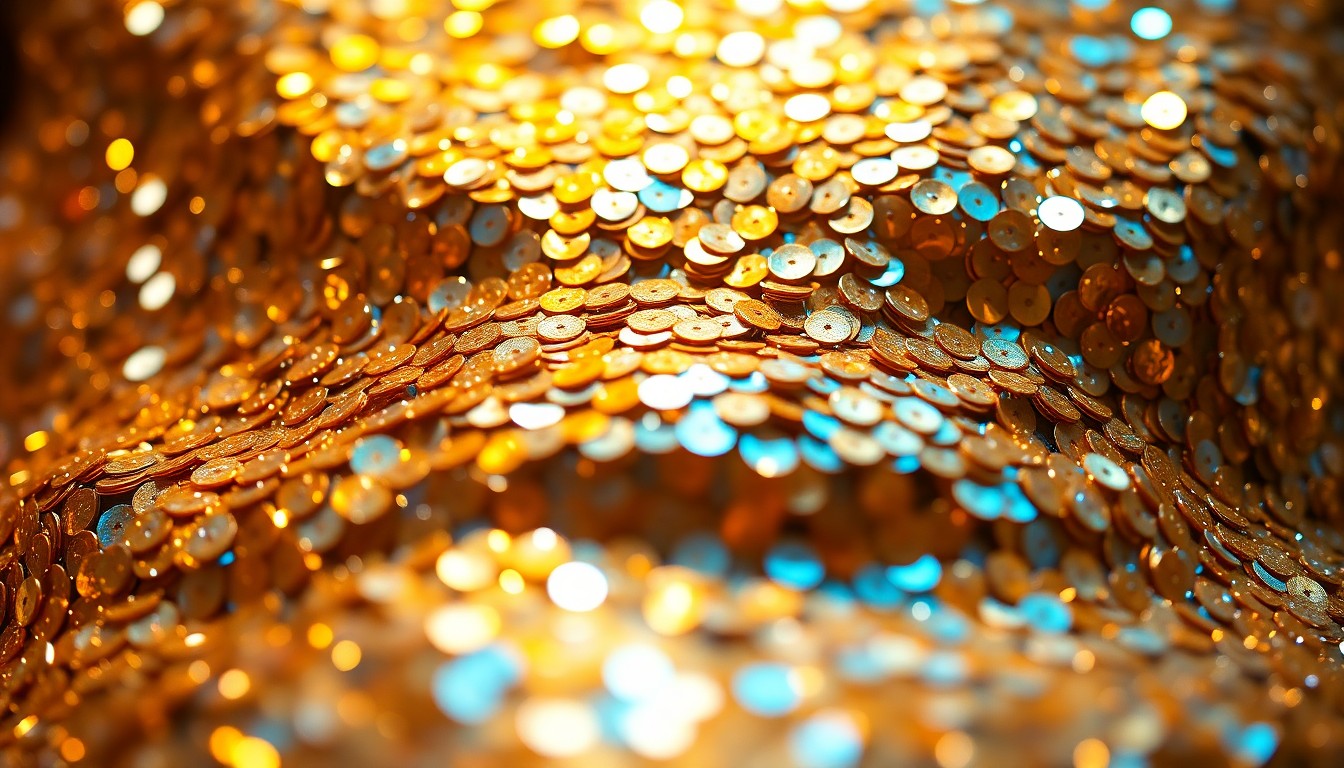 An extreme close-up photograph of shimmering, reflective sequins in a variety of metallic colors, capturing the luxurious and glamorous aesthetic of a K-pop performance.