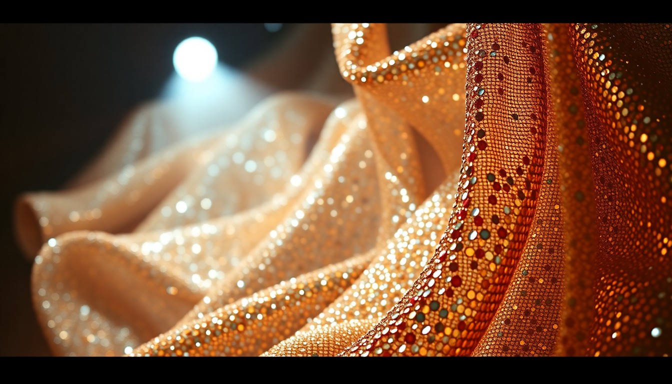 An extreme close-up photograph showcasing the intricate, sparkling textures of sequins and shimmering fabric, conveying the glamour and excitement of a magical TV series finale.