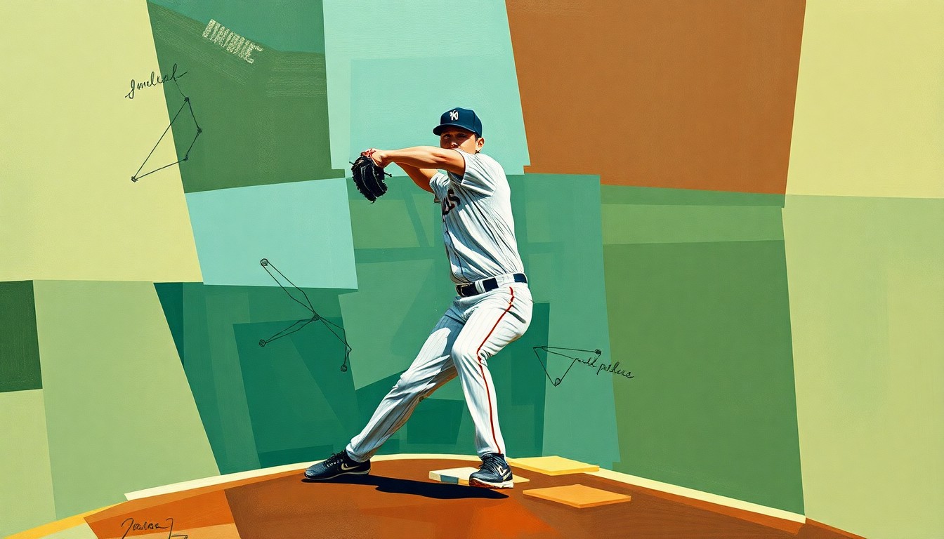 A fragmented, geometric painting depicting a baseball pitcher's motion broken down into overlapping planes of muted greens, blues, and browns, conveying the concept of a struggling ace.