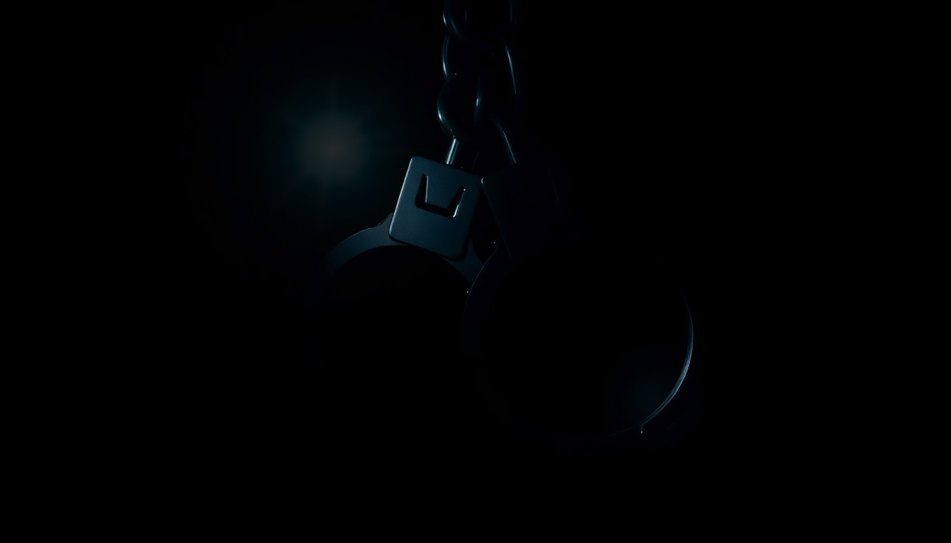 An extreme close-up of a pair of metal handcuffs against a stark black background, creating a gritty, investigative aesthetic that conceptually represents the arrest of a suspect in a violent crime.