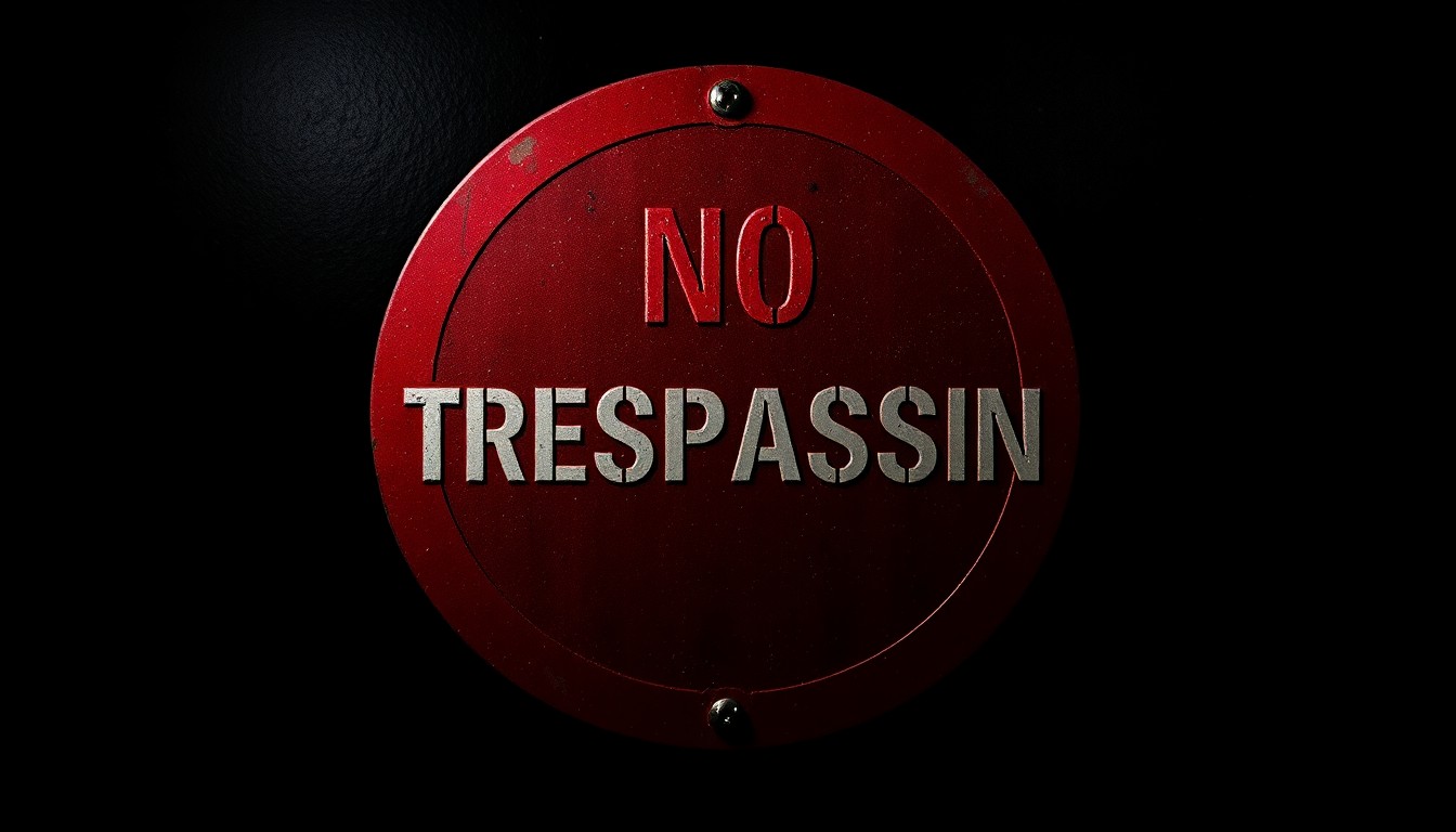 An extreme close-up photograph of a 'no trespassing' sign against a pitch-black background, its metal texture and text the sole focus under harsh, direct lighting, creating a stark, gritty, investigative aesthetic.