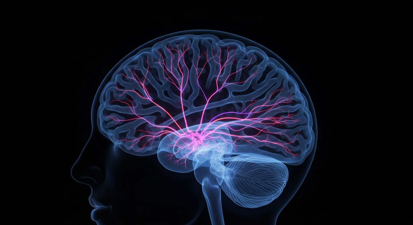 A ghostly, translucent X-ray photograph of a human brain, its complex neural pathways glowing with vibrant neon-like lines against a dark background, conveying the intricate inner workings of the mind and the therapeutic possibilities of psychedelics.